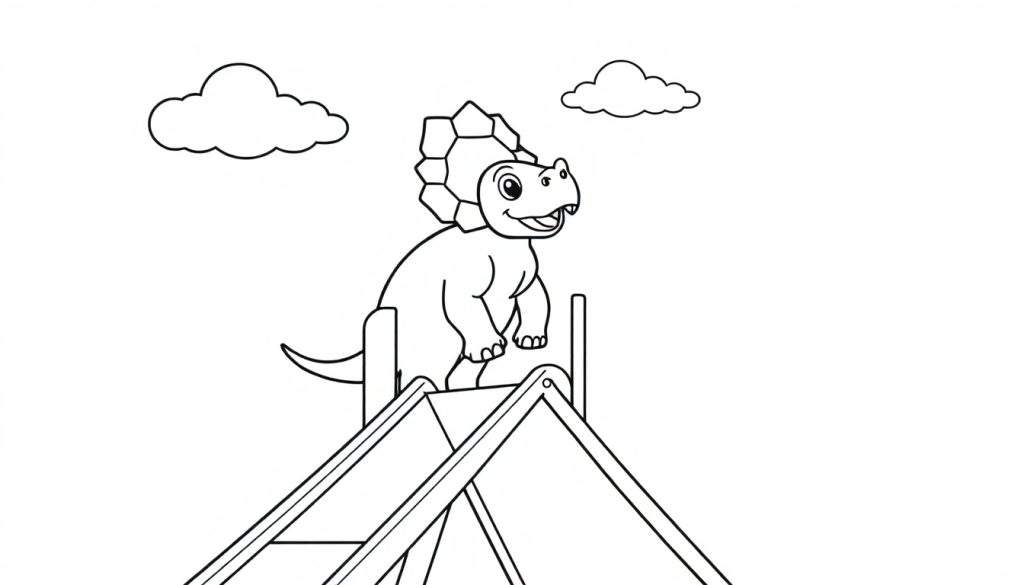 Kleurplaat van een lachende triceratops op een glijbaan met wolkjes.