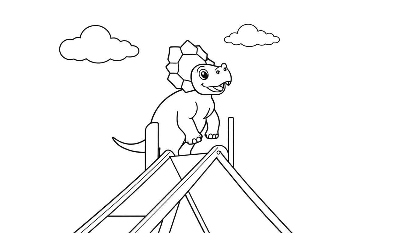 Kleurplaat van een lachende triceratops op een glijbaan met wolkjes.