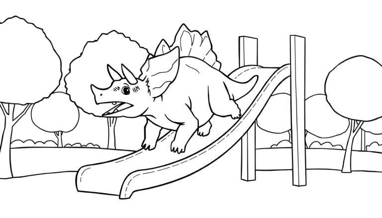 Zwart-wit kleurplaat van een Triceratops die van een glijbaan glijdt.