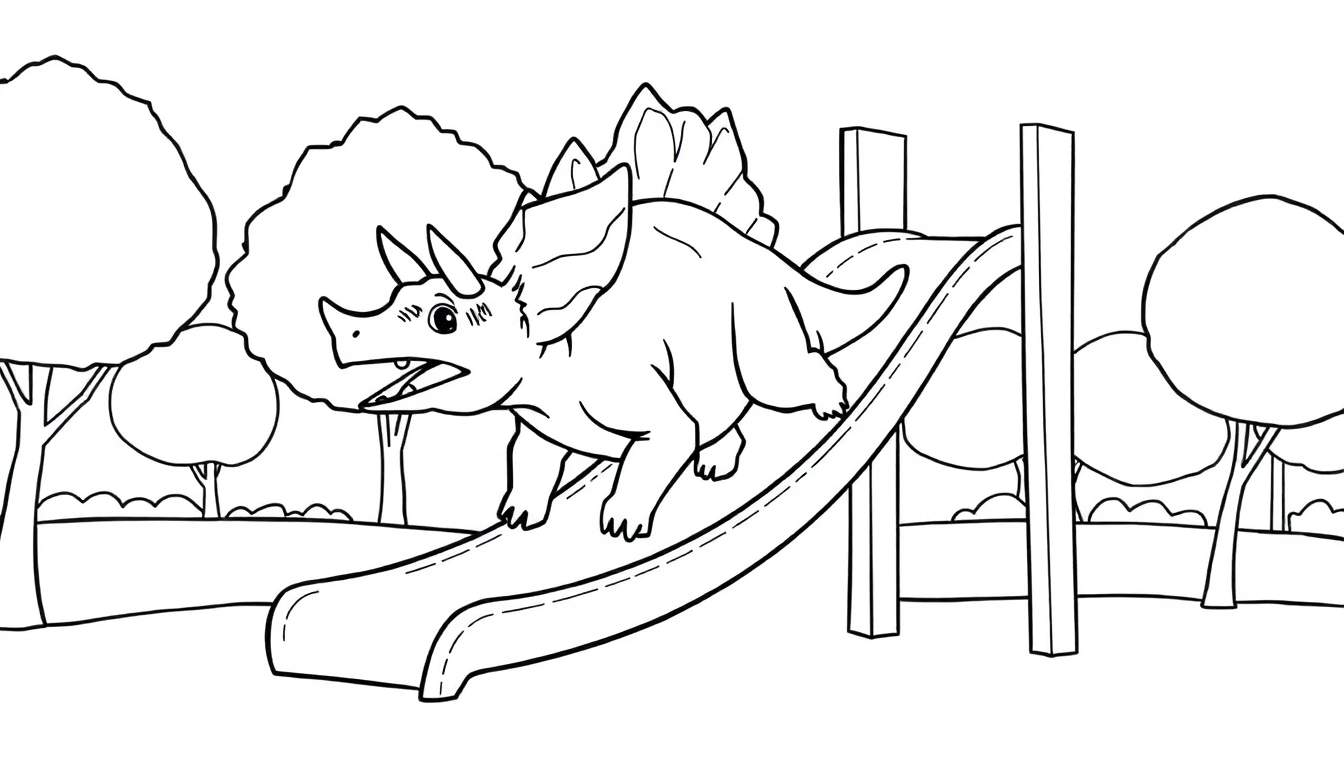 Zwart-wit kleurplaat van een Triceratops die van een glijbaan glijdt.