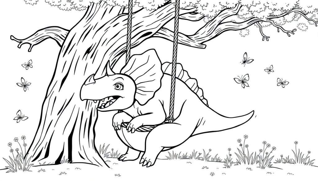 Zwart-wit kleurplaat van een jonge Triceratops op een schommel onder een boom.