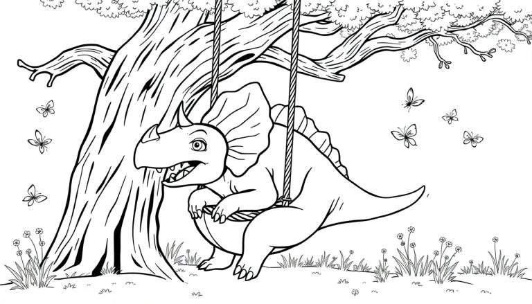 Zwart-wit kleurplaat van een jonge Triceratops op een schommel onder een boom.
