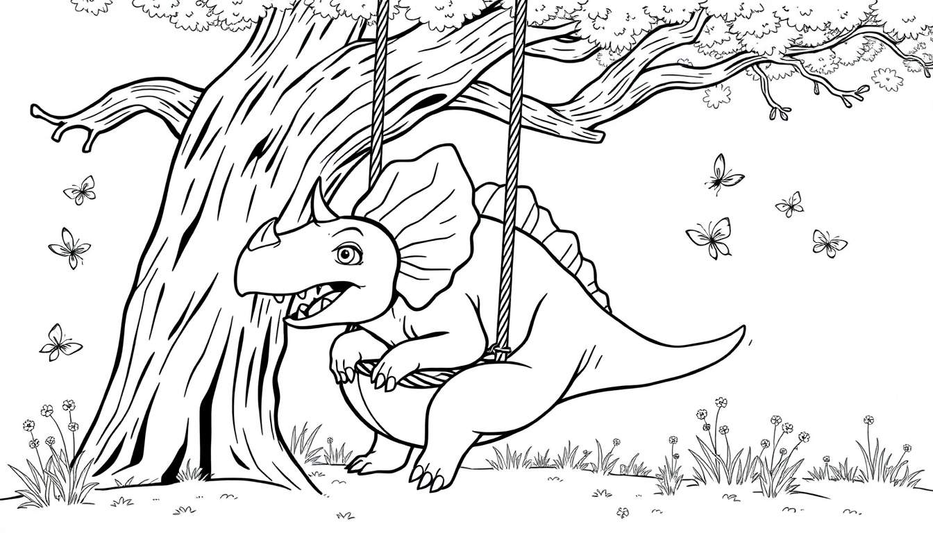 Zwart-wit kleurplaat van een jonge Triceratops op een schommel onder een boom.