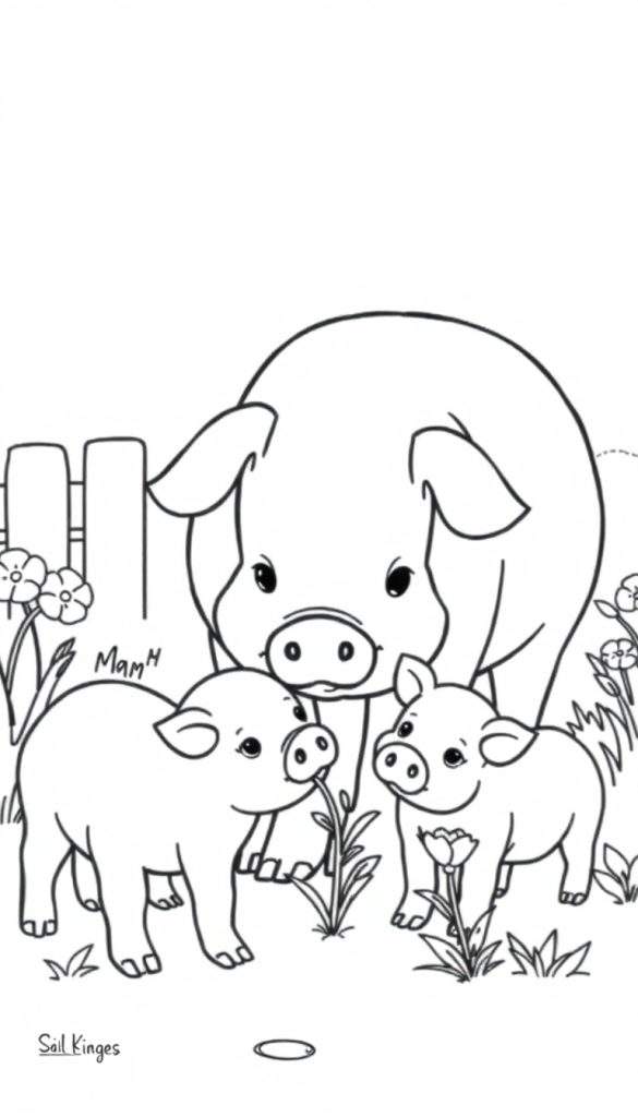 Kleurplaat van een varkensfamilie met twee biggetjes bij een hekje.