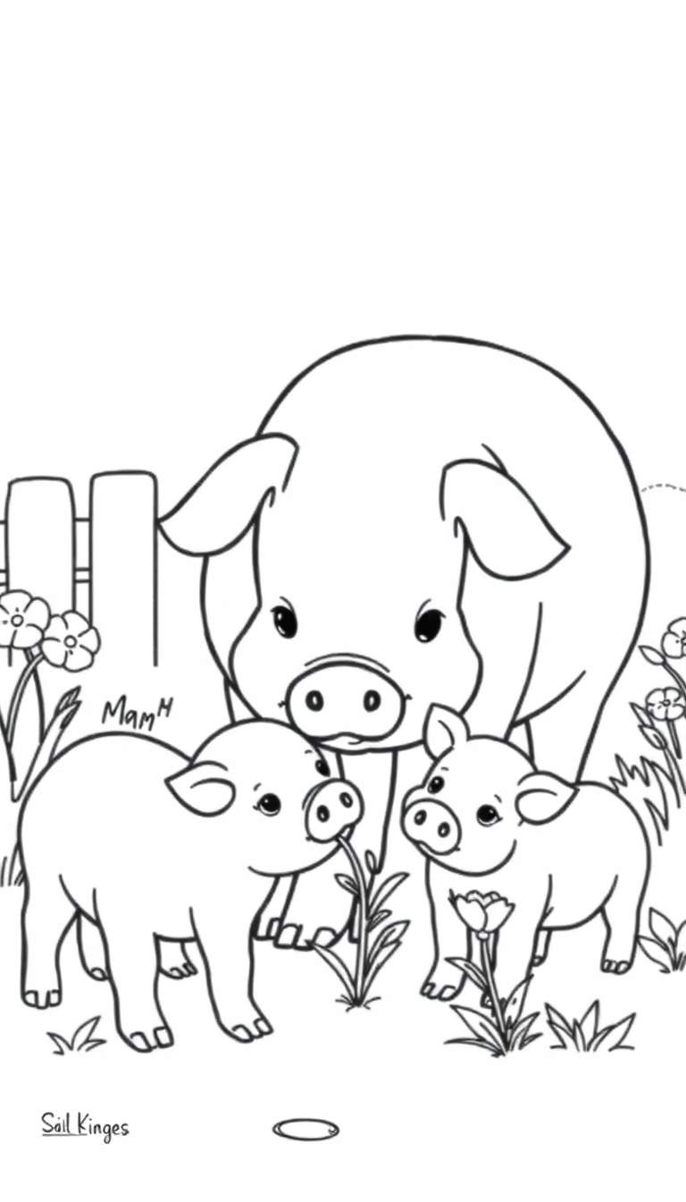 Kleurplaat van een varkensfamilie met twee biggetjes bij een hekje.