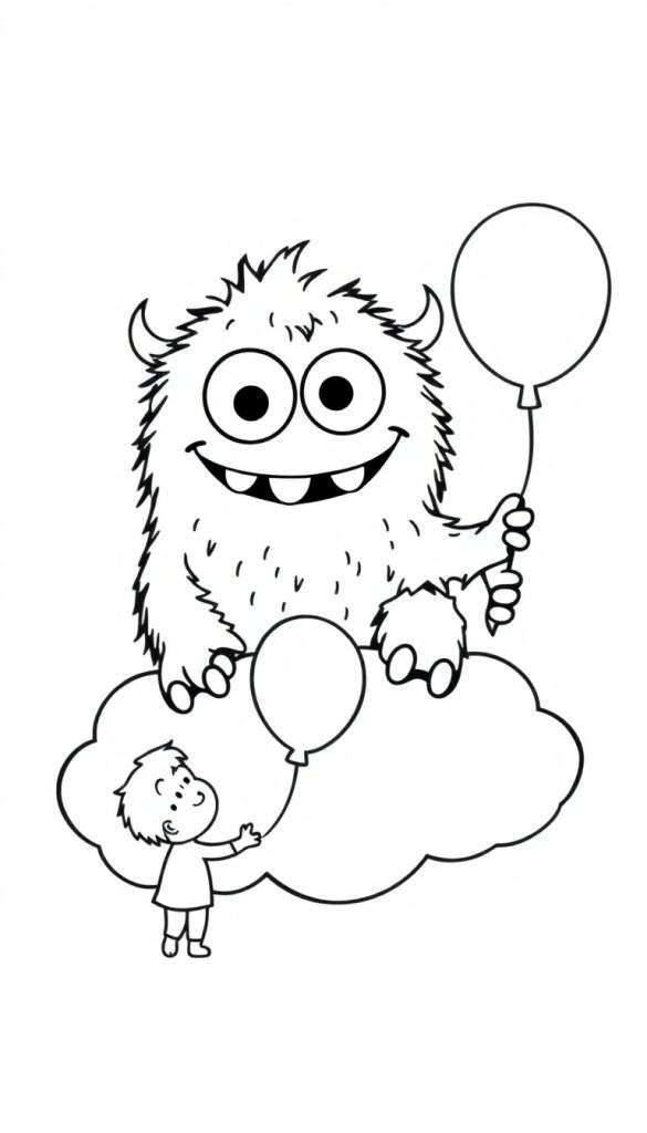 Kleurplaat van een harig monster met hoorns op een wolk met ballonnen, een jongen reikt naar een ballon.