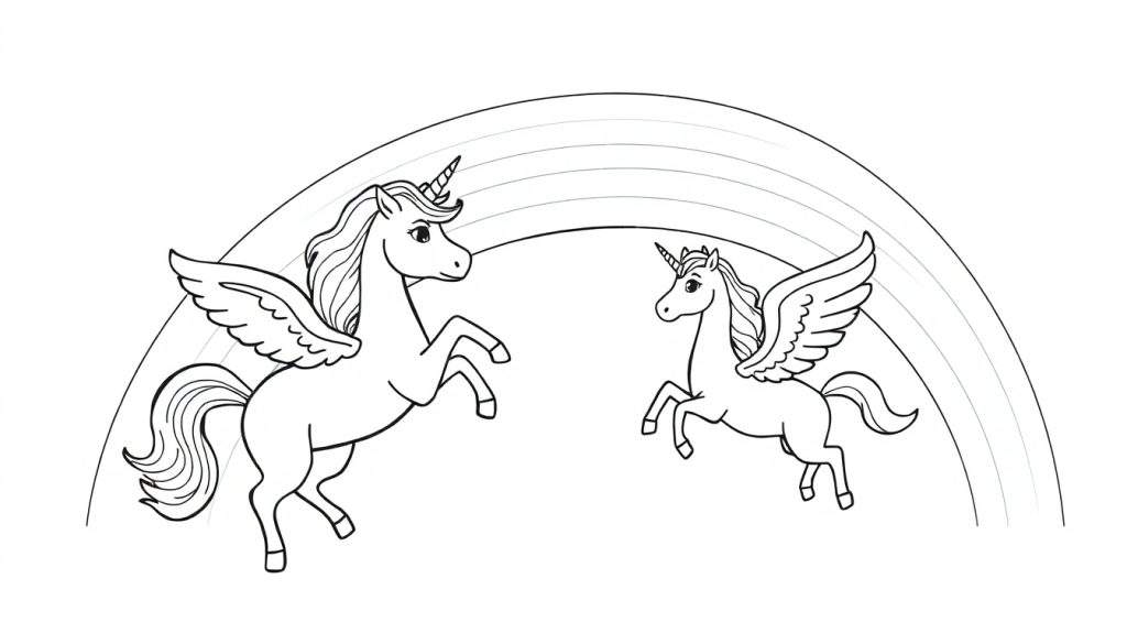 Kleurplaat van twee gevleugelde eenhoorns onder een regenboog.