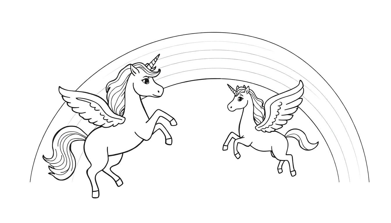 Kleurplaat van twee gevleugelde eenhoorns onder een regenboog.