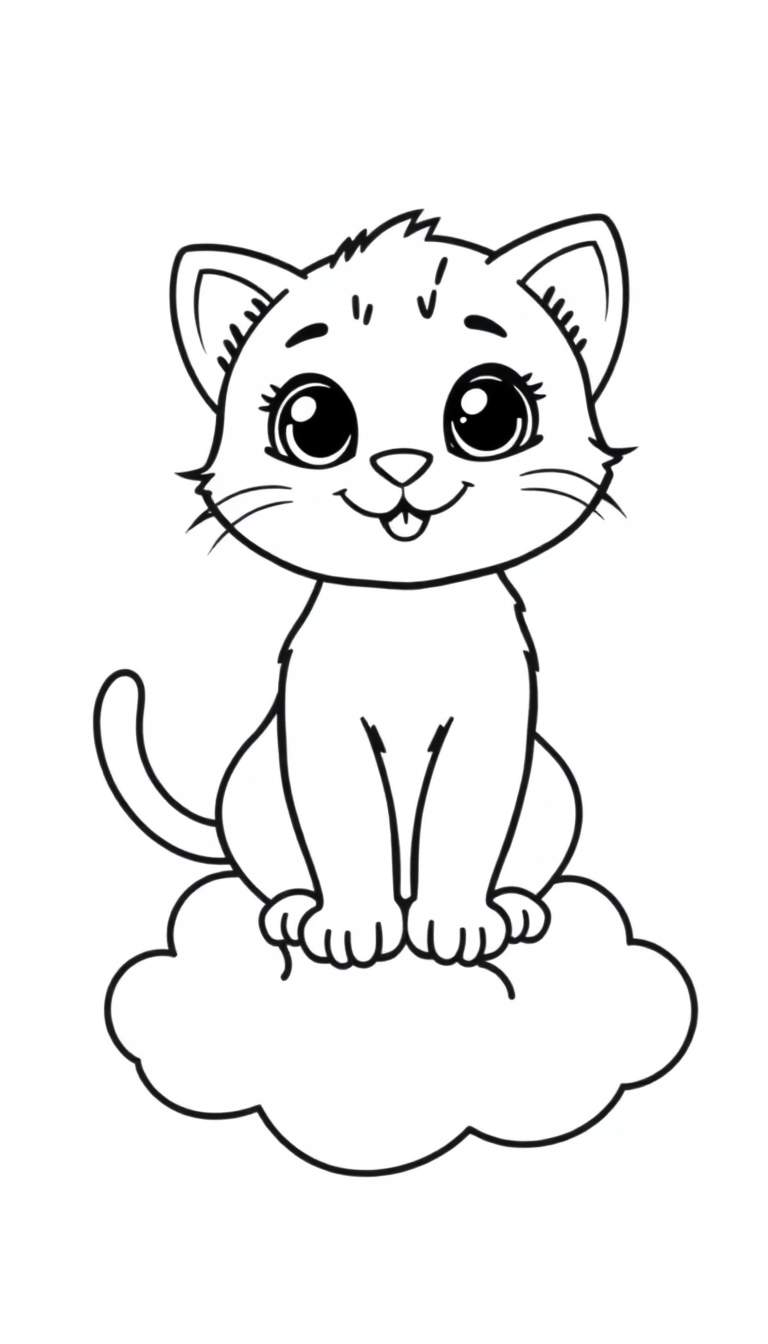 Een schattige zwart-wit cartoonkat op een wolk, klaar om gekleurd te worden.