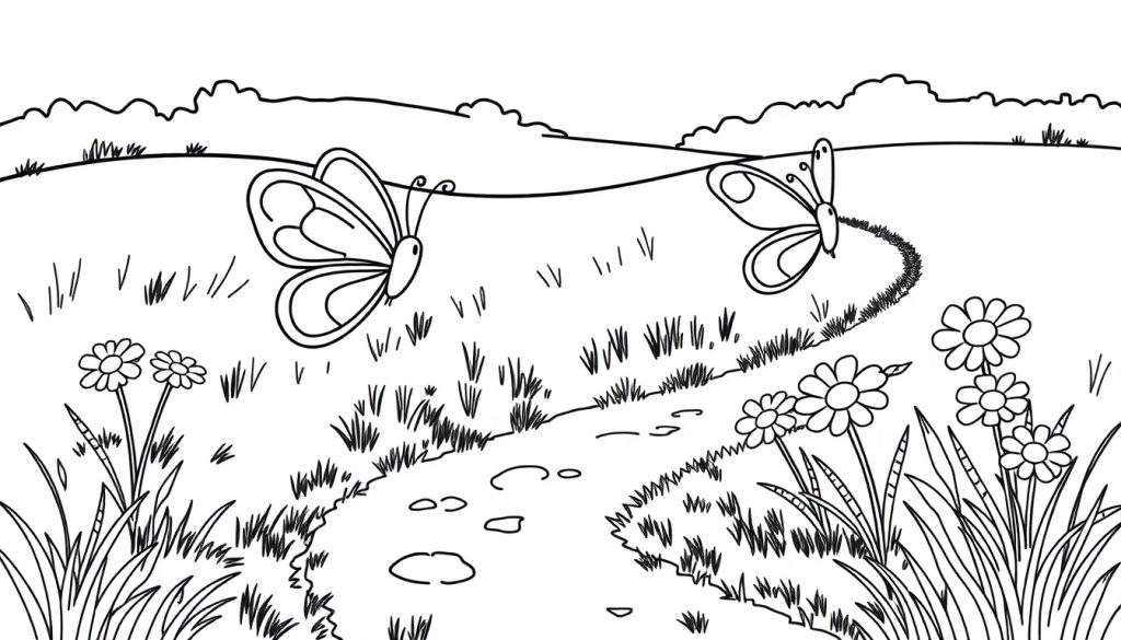 Zwart-wit kleurplaat van een veld met twee vlinders.