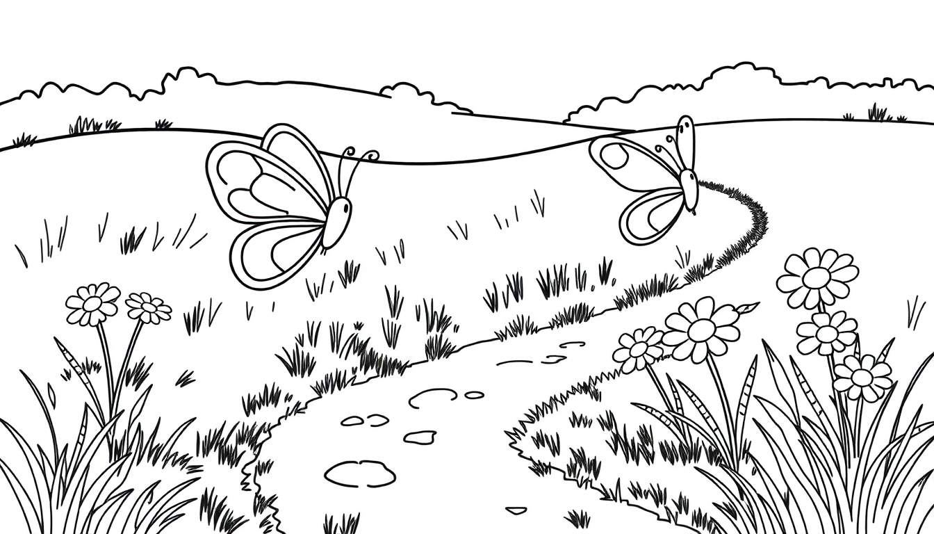 Zwart-wit kleurplaat van een veld met twee vlinders.