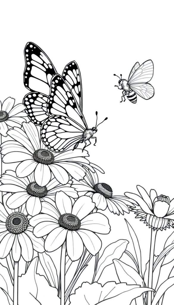 Kleurplaat van een monarchvlinder op madeliefjes met een bij in de verte.