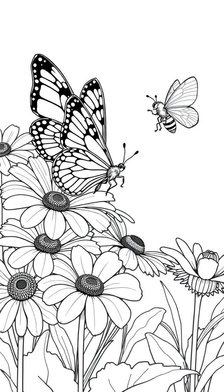 Kleurplaat van een monarchvlinder op madeliefjes met een bij in de verte.