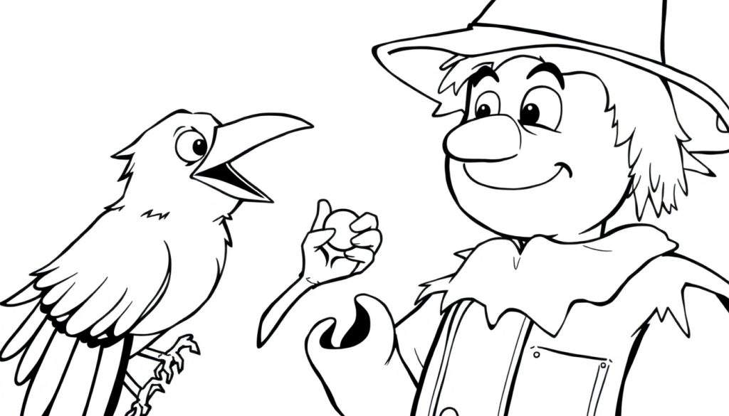 Kleurplaat van een kraai die praat tegen een vriendelijke vogelverschrikker.