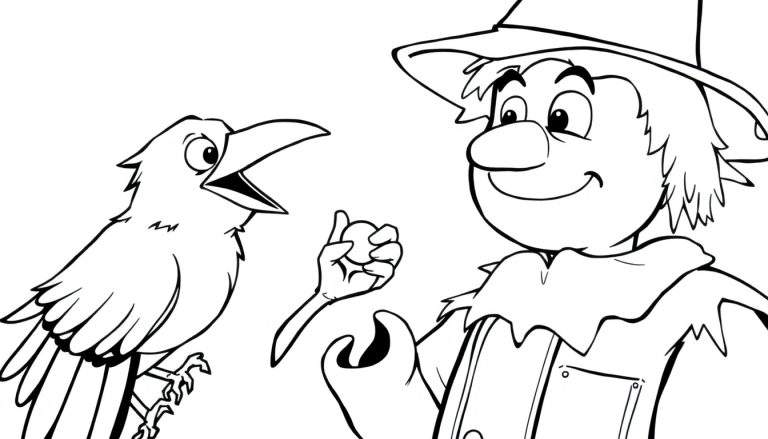 Kleurplaat van een kraai die praat tegen een vriendelijke vogelverschrikker.