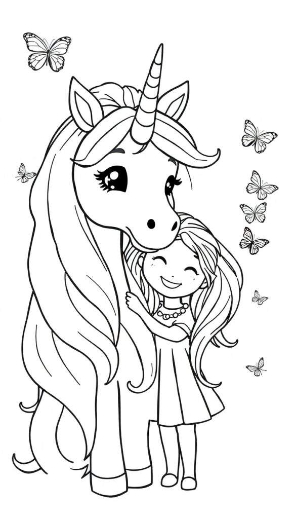 Kleurplaat van een meisje met lang haar dat een glimlachende eenhoorn knuffelt, omringd door vlinders.