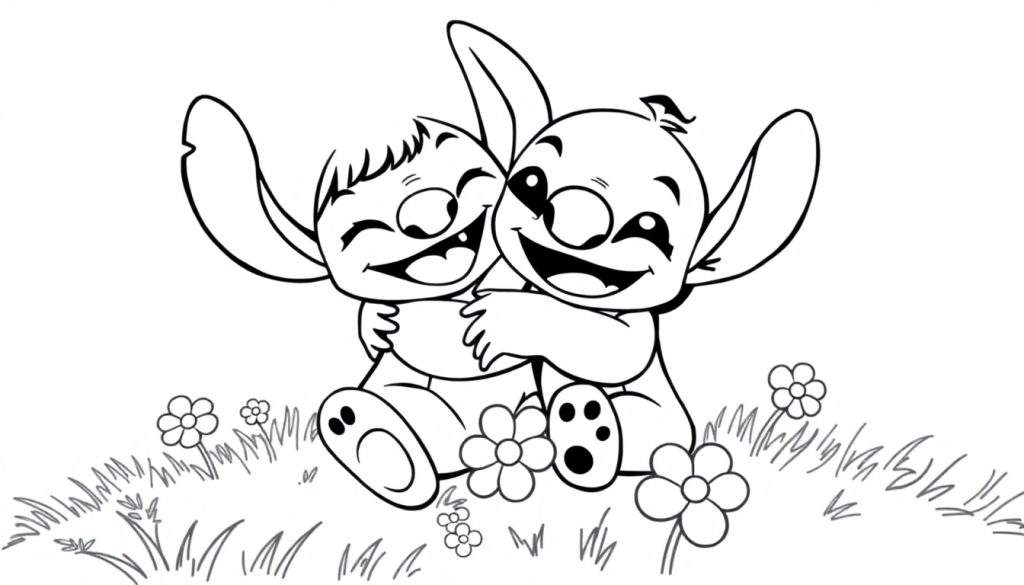 Kleurplaat van twee Stitch-achtige figuren die elkaar knuffelen in een bloemenveld.