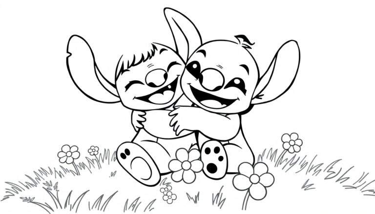 Kleurplaat van twee Stitch-achtige figuren die elkaar knuffelen in een bloemenveld.