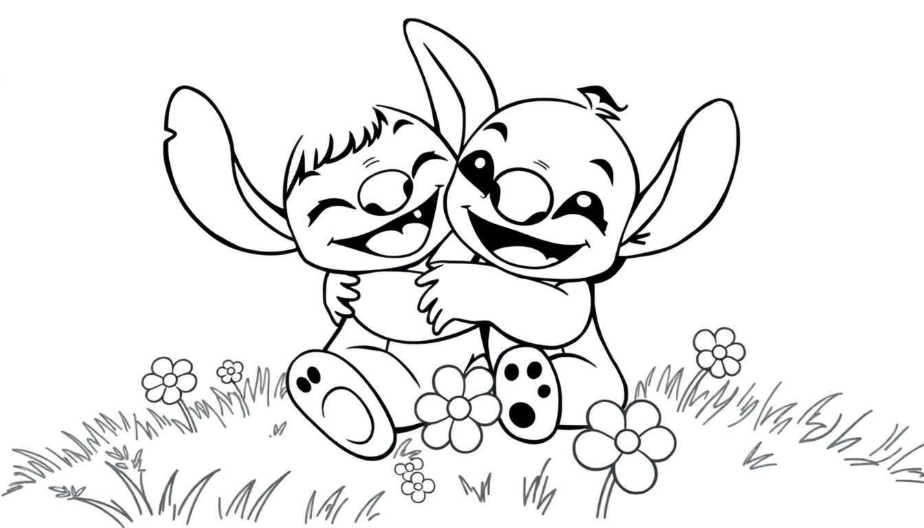 Kleurplaat van twee Stitch-achtige figuren die elkaar knuffelen in een bloemenveld.