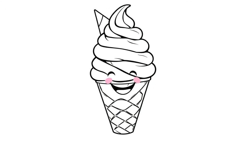 Vrolijk zwart-wit ijshoorntje kleurplaat met roze blosjes.