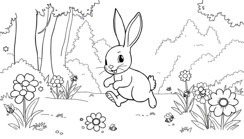 Zwart-wit kleurplaat van een schattig konijntje in een bos met bloemen en bijen.