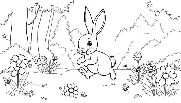 Zwart-wit kleurplaat van een schattig konijntje in een bos met bloemen en bijen.
