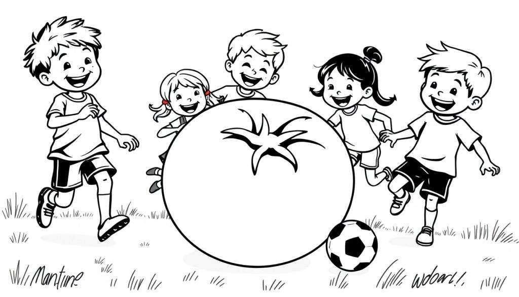 Een kleurplaat van lachende kinderen die buiten met een gigantische tomaat en een voetbal spelen.