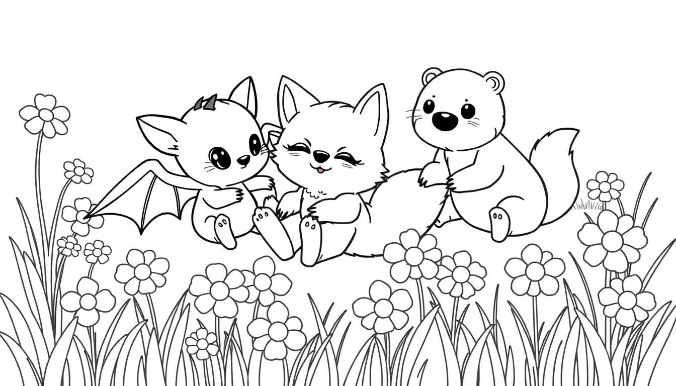 Kleurplaat van een baby vleermuis, baby vos en baby otter die samen spelen in een bloemenveld.