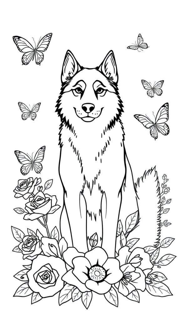 Zwart-wit kleurplaat van een hond, lijkend op een husky, omringd door bloemen en vlinders.