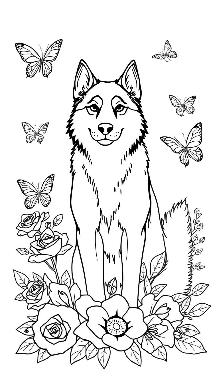 Zwart-wit kleurplaat van een hond, lijkend op een husky, omringd door bloemen en vlinders.