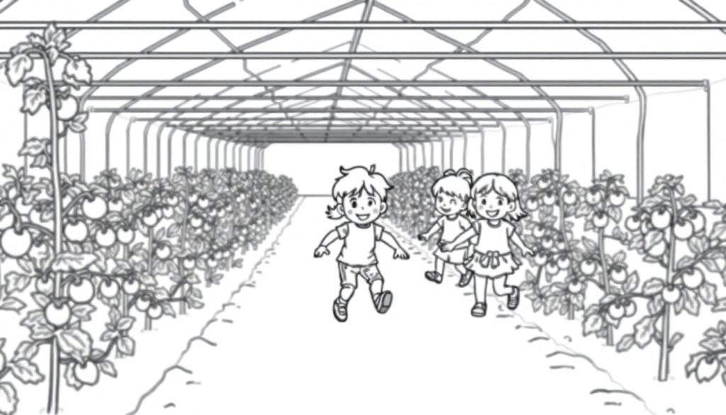Kleurplaat van drie lachende kinderen die door een tomatenkas rennen, omringd door tomatenplanten.
