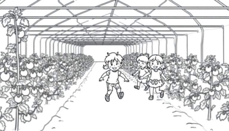 Kleurplaat van drie lachende kinderen die door een tomatenkas rennen, omringd door tomatenplanten.