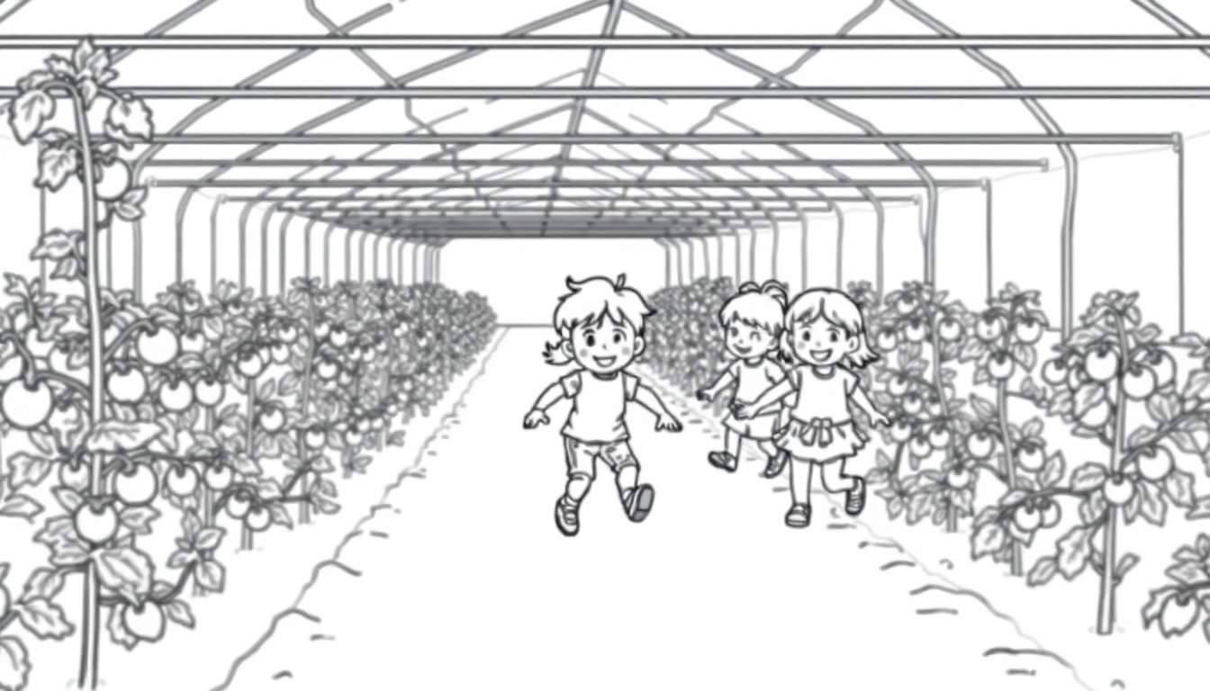 Kleurplaat van drie lachende kinderen die door een tomatenkas rennen, omringd door tomatenplanten.