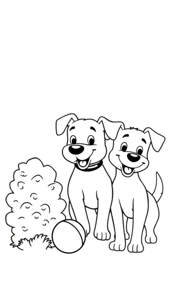 Kleurplaat van twee blije puppy's met een bal bij een struik.