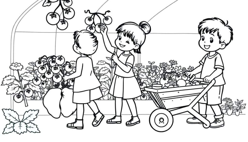 Kleurplaat van kinderen in een kas die tomaten plukken en vervoeren.