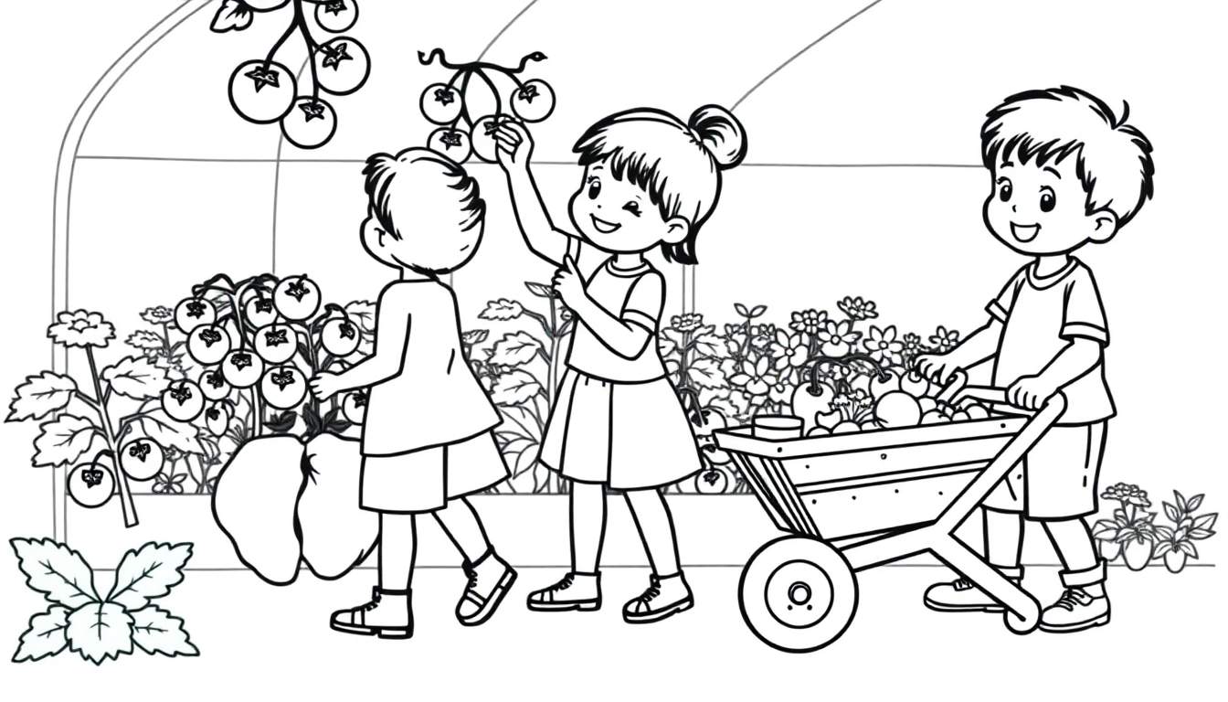 Kleurplaat van kinderen in een kas die tomaten plukken en vervoeren.