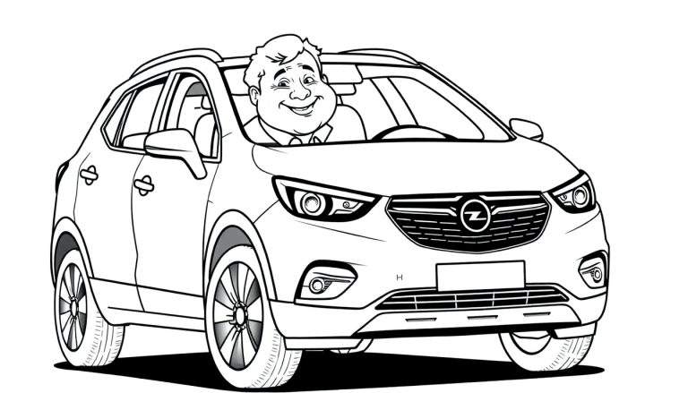 Kleurplaat van een lachende man in een Opel Mokka.