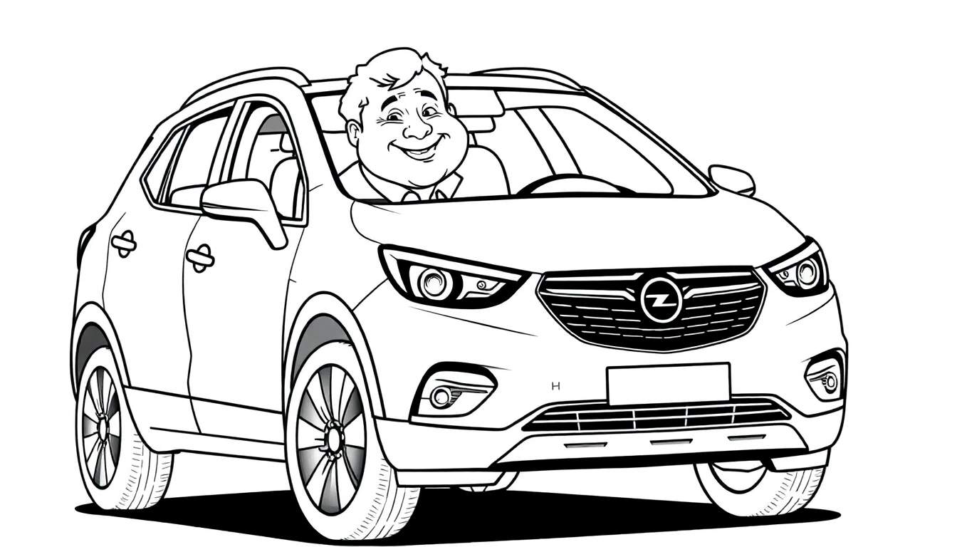 Kleurplaat van een lachende man in een Opel Mokka.