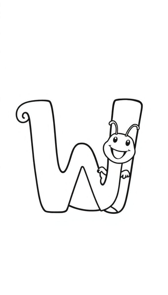 Kleurplaat van de letter W met een lachende rups.