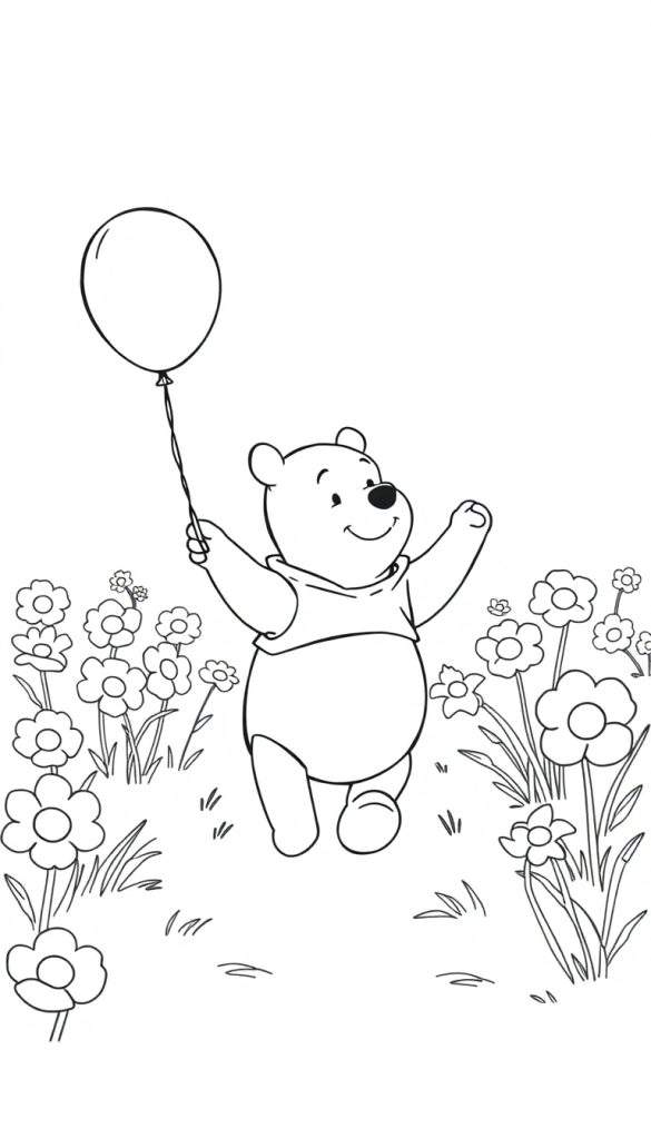 Zwart-wit kleurplaat van Winnie de Poeh met een ballon in een bloemenveld.