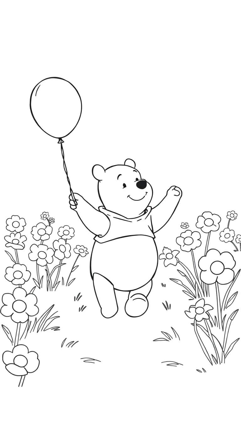 Zwart-wit kleurplaat van Winnie de Poeh met een ballon in een bloemenveld.