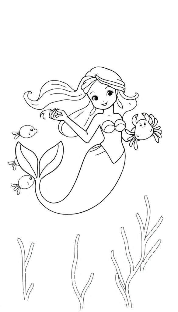 Kleurplaat van een lachende zeemeermin met lang haar, visjes en een krab.