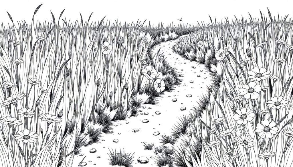 Zomerse weide kleurplaat met pad, bloemen en vliegende vogel.