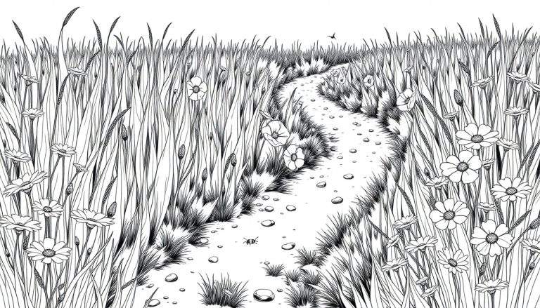 Zomerse weide kleurplaat met pad, bloemen en vliegende vogel.