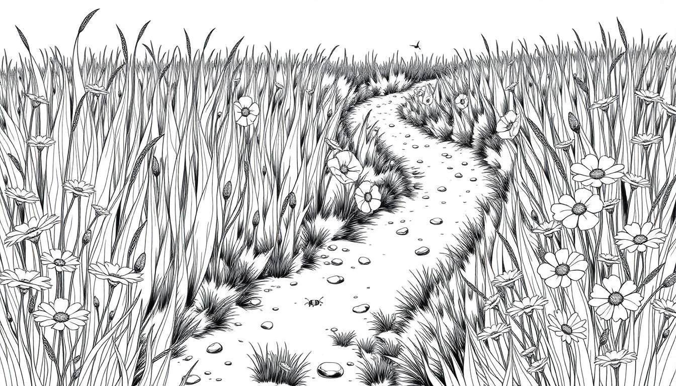 Zomerse weide kleurplaat met pad, bloemen en vliegende vogel.