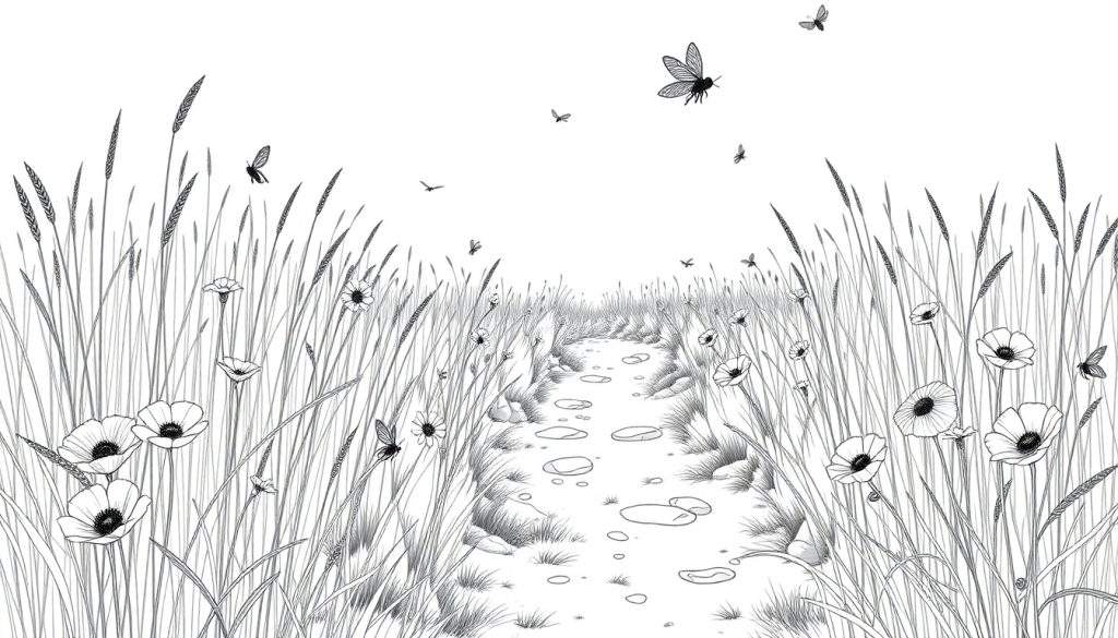 Kleurplaat van een zomerpad met bloemen en insecten.