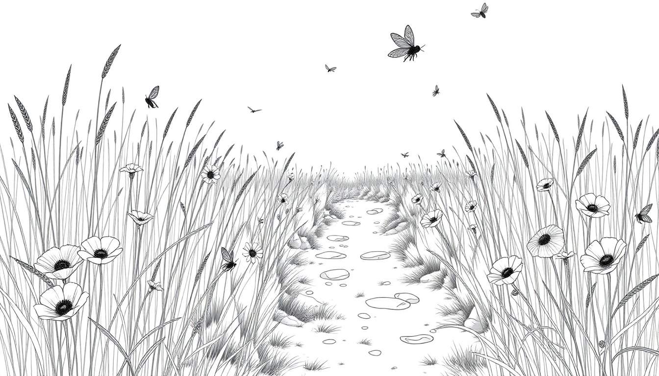 Kleurplaat van een zomerpad met bloemen en insecten.