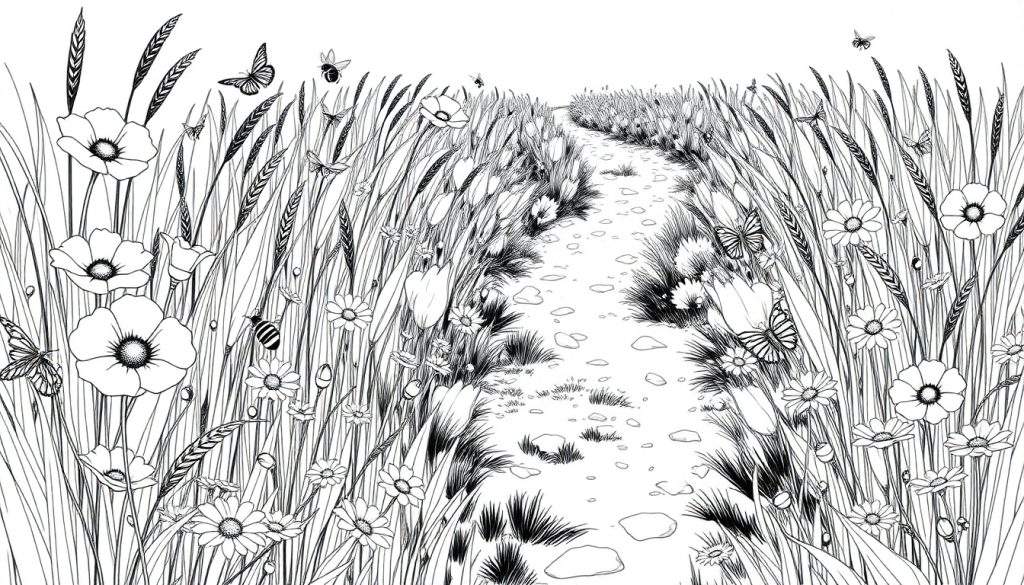 Kleurplaat van een zomerweide met een pad, hoog gras, klaprozen, margrieten en vliegende insecten.