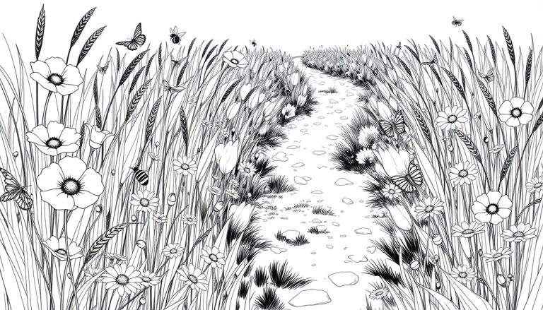 Kleurplaat van een zomerweide met een pad, hoog gras, klaprozen, margrieten en vliegende insecten.