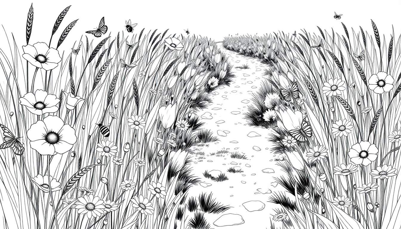 Kleurplaat van een zomerweide met een pad, hoog gras, klaprozen, margrieten en vliegende insecten.